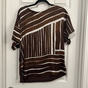 Chicos brown and white striped short sleeve mixed media blouse XS